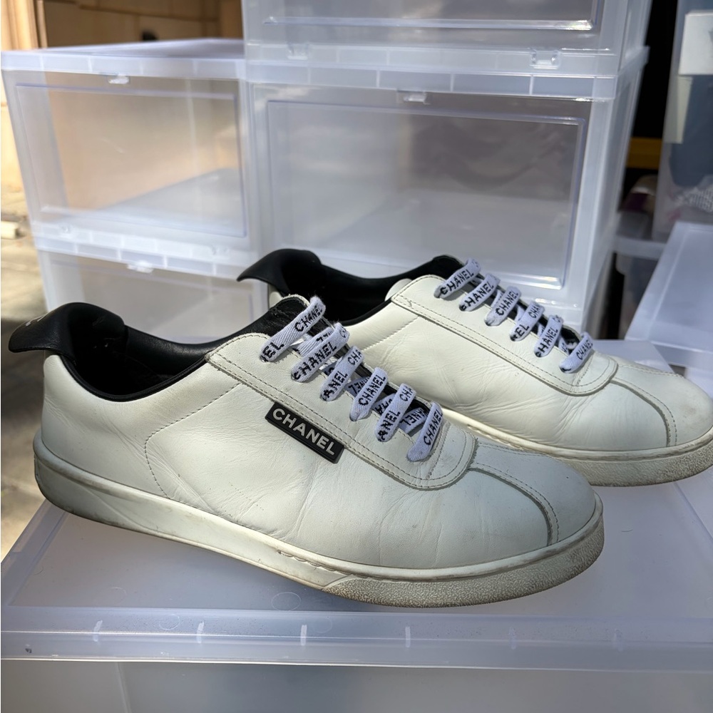 CHANEL White Leather Sneakers Logo Lace | Size 39 | Authentic